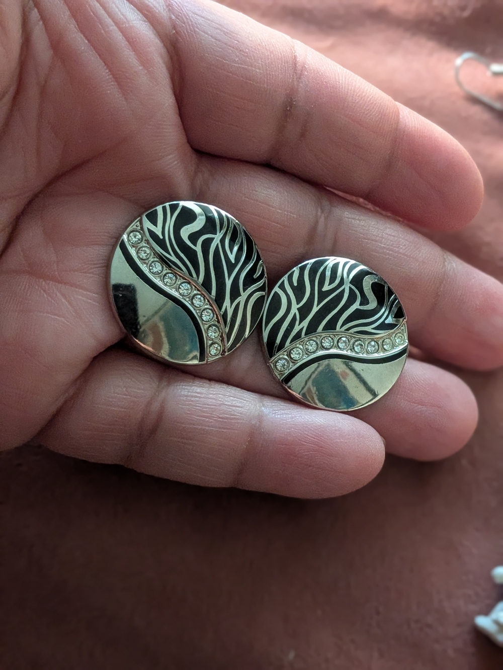 Vintage Nusi Round Black and Silver Zebra-Accent  Earrings with Crystal Band